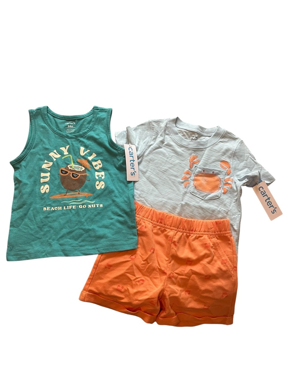 NWT Carter’s 3 Piece Set Shirt Shorts Tank Outfit Crabs Sun Vacation